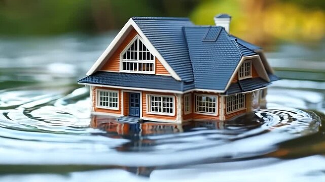 A small house model is partially submerged in water, creating ripples as sunlight glistens off the surface, illustrating a flood scenario