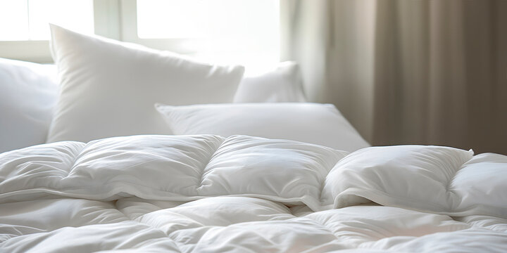 tranquil bedroom setting with a white duvet and pillows in close-up is ideal for articles about preparing for the winter season, household chores and creating comfort in home textiles and hotel decor.