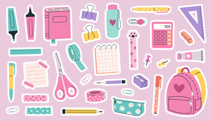 Cute sticker set of school supplies. Vector set. Backpack, book, pens, pencils, calculator