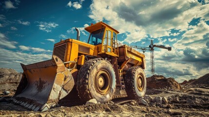 Obraz premium Heavy Construction Vehicle Working On Site Under Dramatic Blue Sky At Dusk