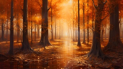 Autumn forest with sun rays and fog. Panoramic image