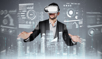 Professional businessman looking at data analysis while using VR glasses. Smart civil engineer designing house construction while wearing visual reality glasses to connect global network. Deviation.