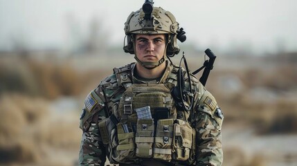 Fototapeta premium Soldier Standing Vigilantly in Desert Terrain During Daylight Operations in a Military Zone