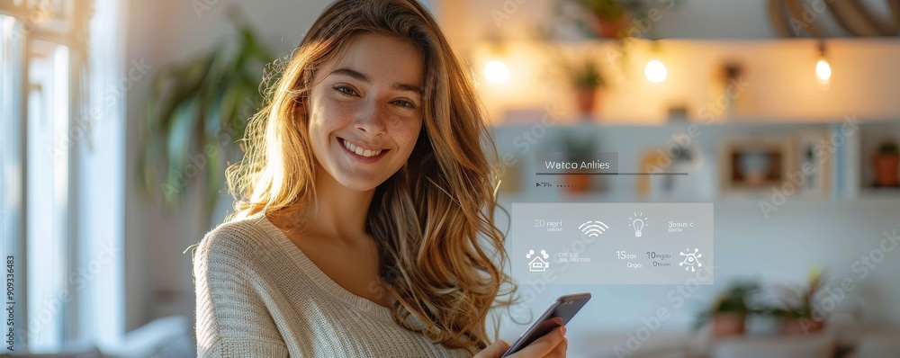 Poster smiling woman working on computer with digital interface elements, technology and innovation