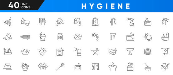 Hygiene line icon set. Cleaning, disinfection, soap, bathing, sweeping, shower, disinfecting, washing, sweeping, shower, respiratory mask, antiseptic outline icon collection. UI thin line icon set.