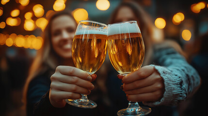 Cheers with Beer Glasses in Hands at Outdoor Festival with Bokeh Lights for Celebration or Social Gathering Concepts