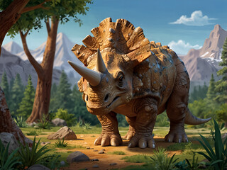 Fototapeta premium Cartoon dinosaur Triceratops, on the landscape of those times