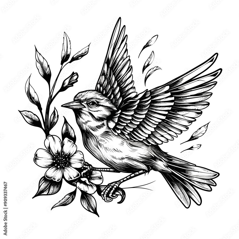 Poster a black and white drawing of a bird with a flower in its beak. the bird is perched on a branch and h
