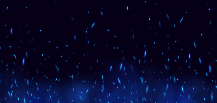Blue flame with sparks, fire with flying cinder, abstract glowing embers, heat sparkles, bokeh fire texture. Vector illustration.
