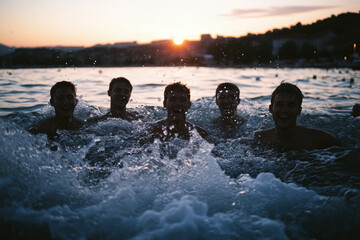 Friends swimming in ocean at sunset.
