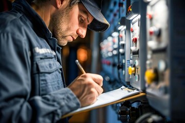 Close-up Image of a Male Technician Recording Meter Readings on a Clipboard