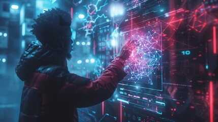 A hacker interacts with a vibrant digital interface, manipulating data and visuals in a high-tech urban setting under neon lights. Generative AI