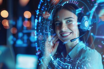 customer service excellence vibrant portrait of smiling young woman wearing headset in modern call center surrounded by holographic crm interface