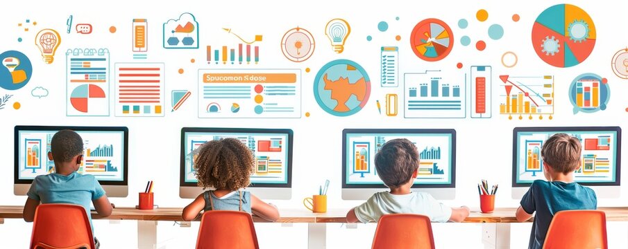 Children learning coding on computers in a classroom setting with colorful digital graphics