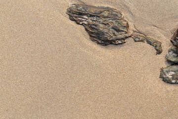 Smooth untouched fine sand and rough sandy rocks on a beach on a sunny day, viewed from above. Abstract textured natural sandy background, top view. Copy space.