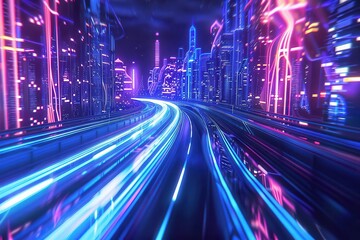 Fototapeta premium cyber highway through neon megacity light trails forming data streams towering holographic structures electric blue dominant palette