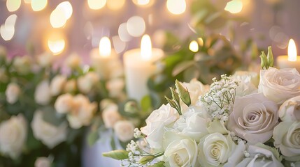 Obraz premium White casket covered with floral arrangements at a funeral service with candle