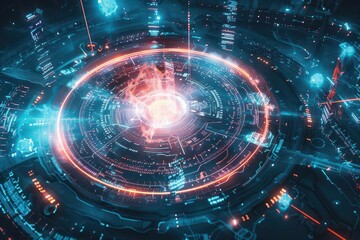 Obraz premium cybersecurity fortress with ai guardians protecting a glowing data core surrounded by swirling streams of code and holographic defense systems