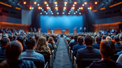 Engaged Audience Attending a Formal Event With Bright Stage Lights and Presenters on Stage