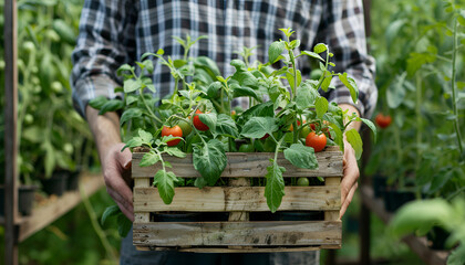 Man holding wooden crate with tomato seedlings in greenhouse, closeup