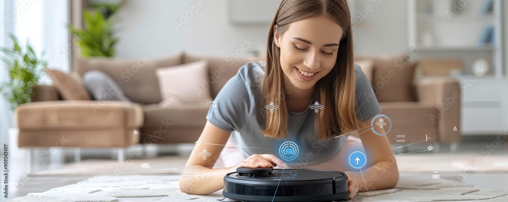 Poster woman smiling while using smartphone with a robotic vacuum cleaner in the background for home automa