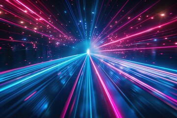 Fototapeta premium dazzling laser light show piercing through darkness vibrant beams in electric blue and neon pink creating a futuristic cityscape dynamic trails of light suggesting speed and energy