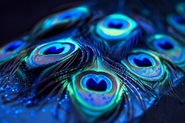 bioluminescent peacock feathers, bioluminescent rainforest background, colorful © Eva