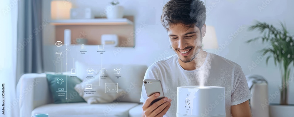 Poster smiling man using a smartphone in a modern kitchen with a smart humidifier