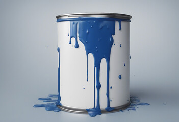Large open can of blue paint with drips isolated on transparent background