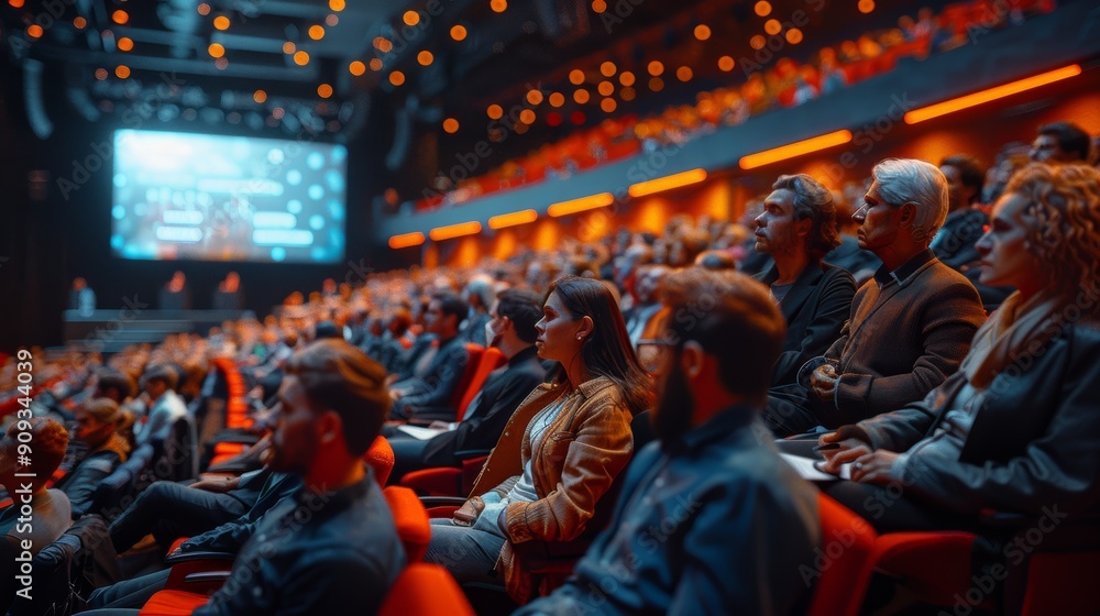 Aufkleber engaged audience attending a dynamic presentation in a modern auditorium during evening hours