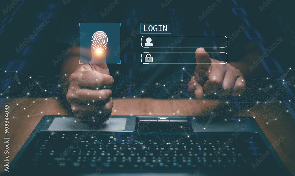 Poster Surveillance and security scan for digital cyber futuristic applications concept. Businessman fingerprint scan and biometric authentication, Innovation for protection from digital cybercrime.