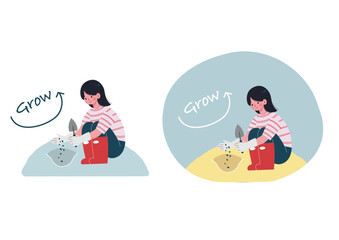 畑に種を蒔く女性のイラスト