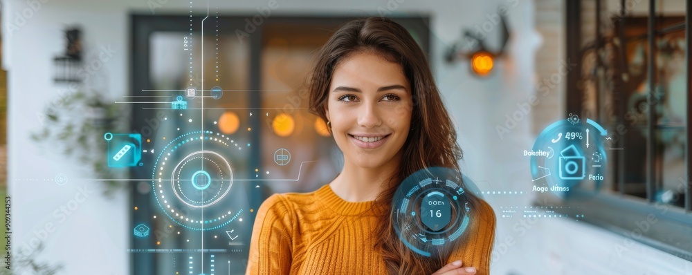 Poster woman in modern home setting with digital technology interface and data visualization