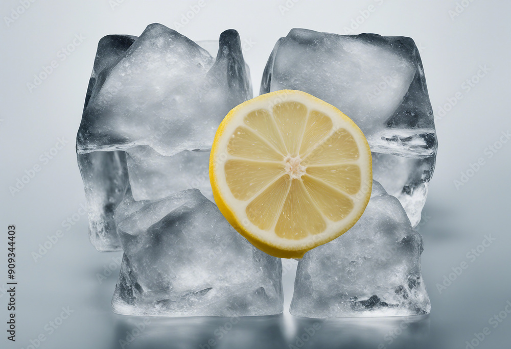 Poster natural crystal clear ice cube and lemon slices isolated on transparent background top view