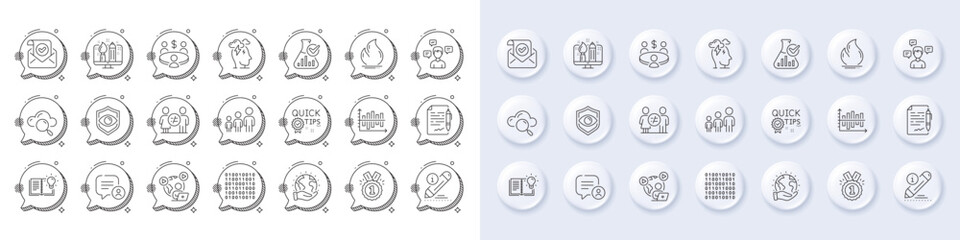 Edit, Product knowledge and Binary code line icons. White pin 3d buttons, chat bubbles icons. Pack of Diagram chart, Stress, Save planet icon. Vector