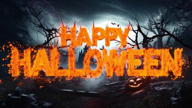 Happy Halloween card. Halloween background with Evil Pumpkin. Spooky scary dark Night forrest. Holiday event halloween banner	