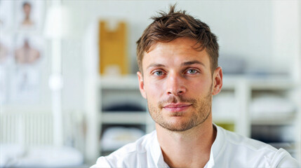Obraz premium A young man with blue eyes looks directly at the camera, sitting in a modern office setting