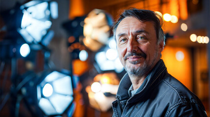 Obraz premium A man wearing a blue jacket smiles at the camera in a studio setting with bright lights in the background