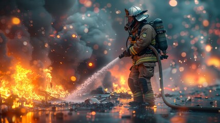 Brave Firefighter Battling Intense Flames Amidst Thick Smoke at Night