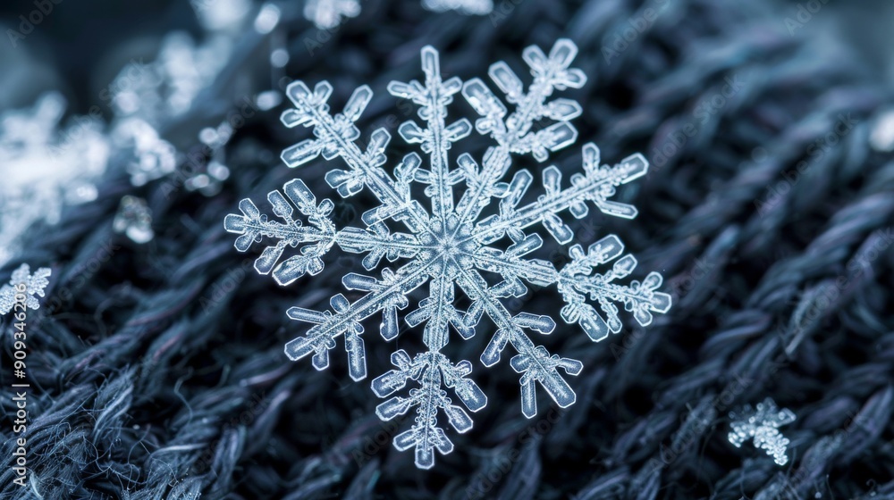 Aufkleber a macro shot of a snowflake on a black glove, showing its unique and intricate crystal structure in 