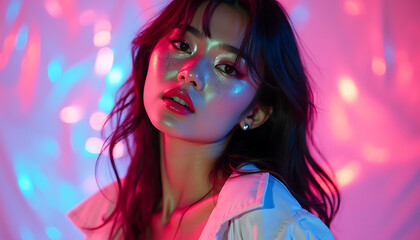 Young pretty Asian woman with glitter make-up wearing sporty fashion, white clothes, model posing isolated on a colorful modern pink and blue background, k-pop style