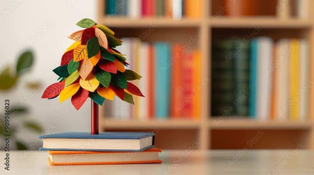 Poster autumn tree made of stacked books, each covered in leaf patterns, in a library setting