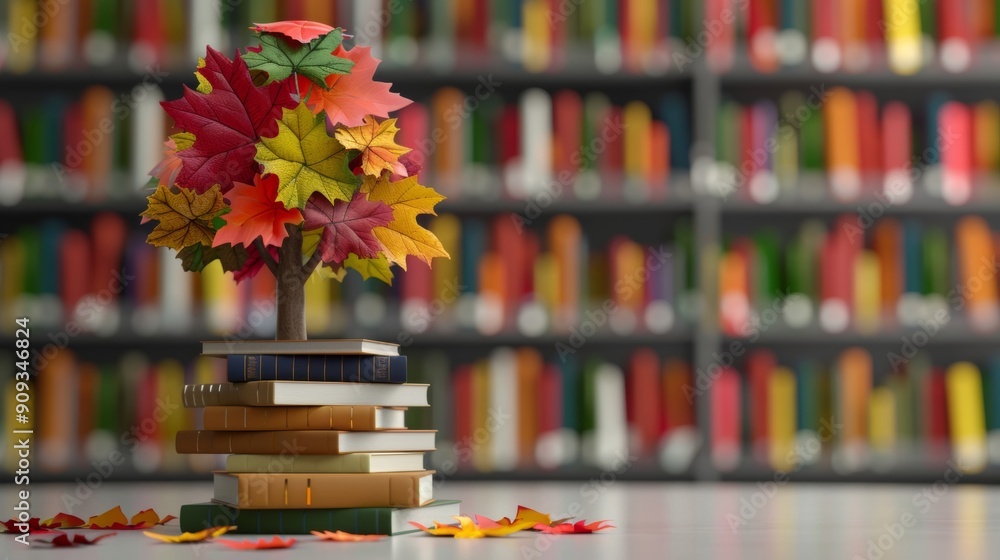 Poster autumn tree made of stacked books, each covered in leaf patterns, in a library setting