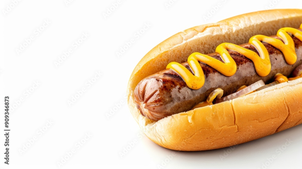 Poster bratwurst in a bun with mustard and onions, isolated on a white background with space for text