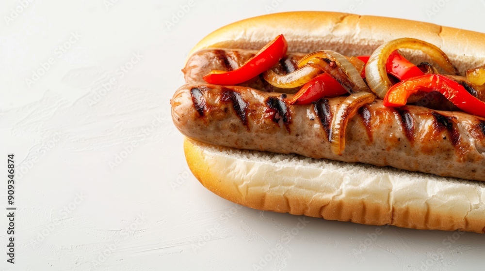 Poster bratwurst on a bun with grilled onions and peppers, isolated on a white background with empty space 
