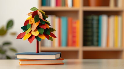 Autumn tree made of stacked books, each covered in leaf patterns, in a library setting 