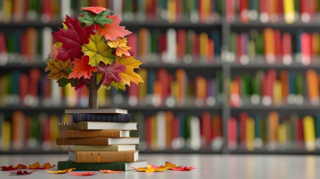 Autumn tree made of stacked books, each covered in leaf patterns, in a library setting 
