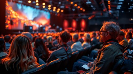 Obraz premium Audience Engaged in Dynamic Conference Presentation at Modern Venue During Evening Event