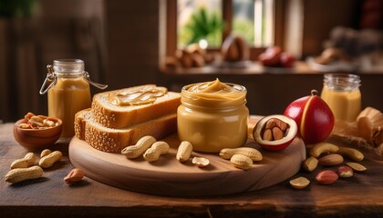 Fototapeta premium A gourmet peanut butter spread elegantly displayed on a wooden board, accompanied by artisanal bread slices, honey drizzles, and fresh fruit, all set against a rustic, cozy kitchen environment. 