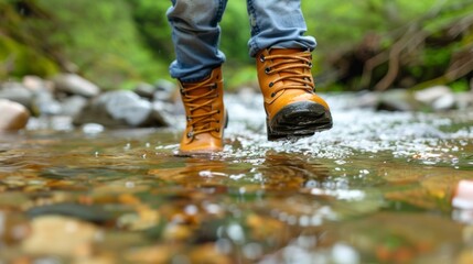 Closeup of a child dipping their feet in a clear mountain stream, with a backpack and hiking boots nearby 